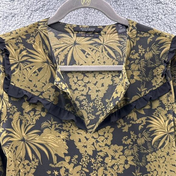 Scotch &‎ Soda Women's XS Green Black Blouse Flowy Tropical Print Lightweight - Picture 4 of 11